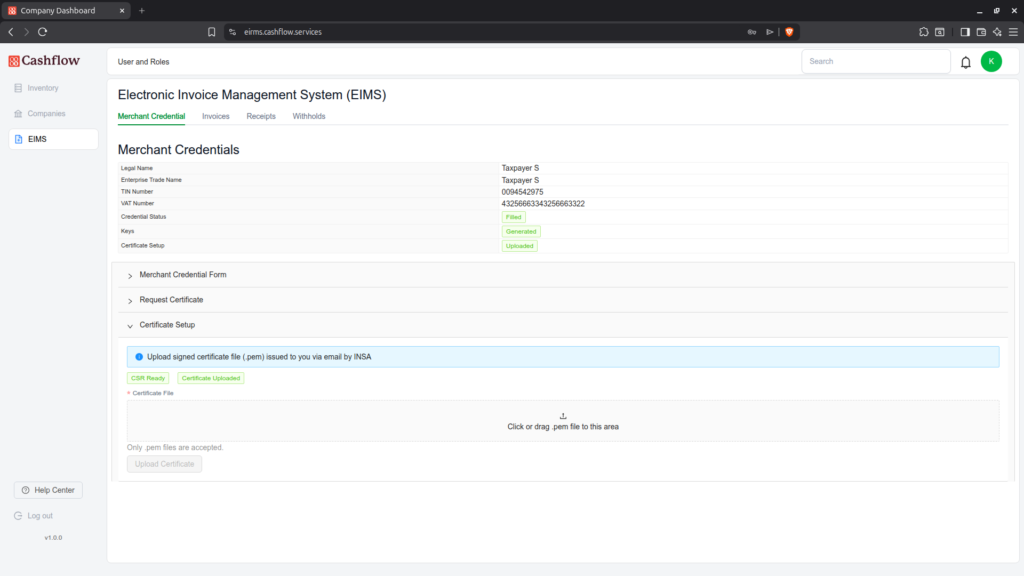 The Certificate Setup section with the .pem upload area