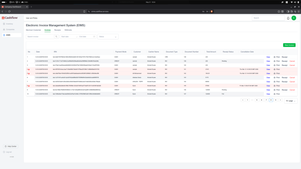 The paginated invoice list with search, date filters and per-row actions