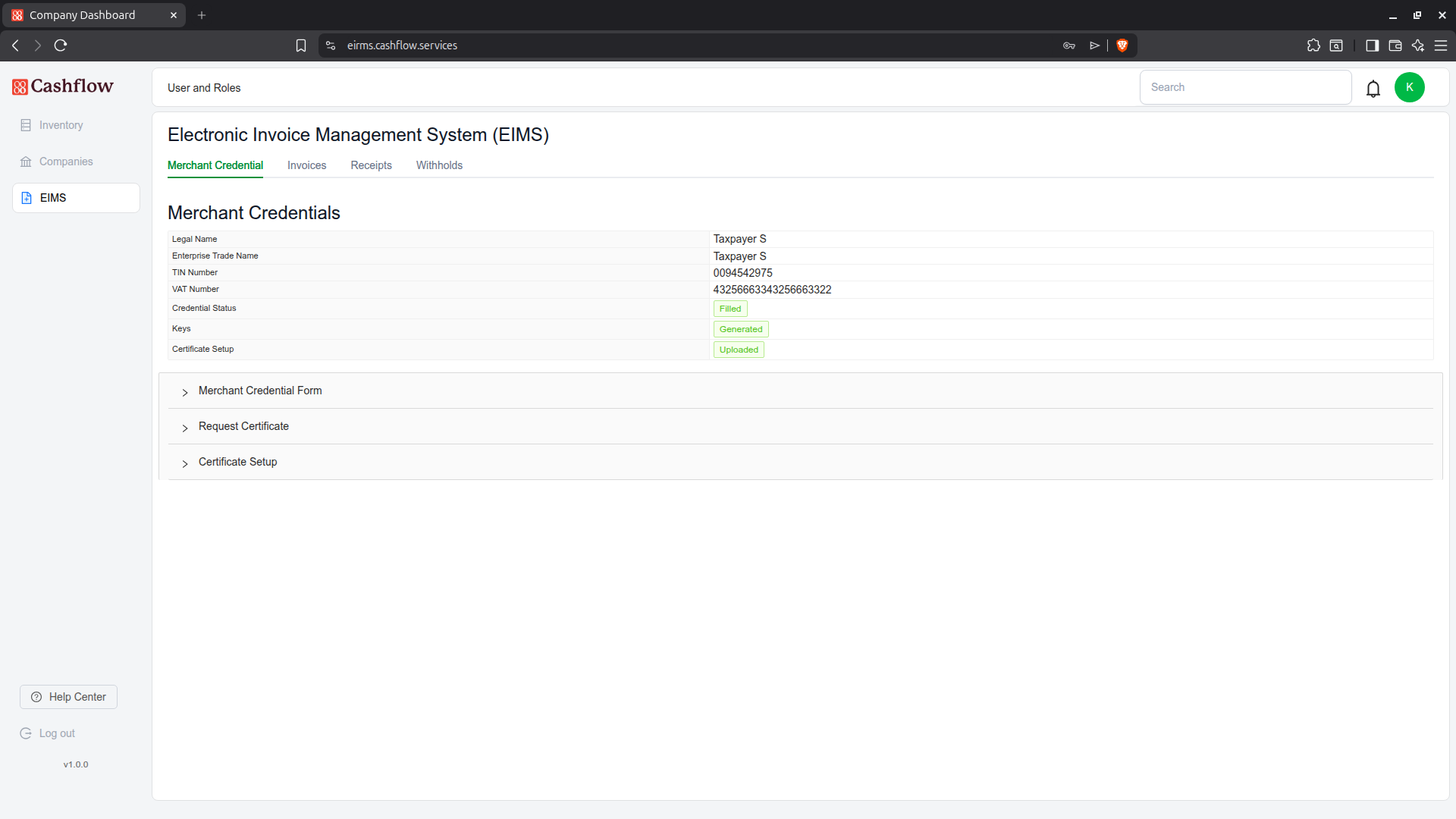 The Merchant Credential status panel with all three indicators green