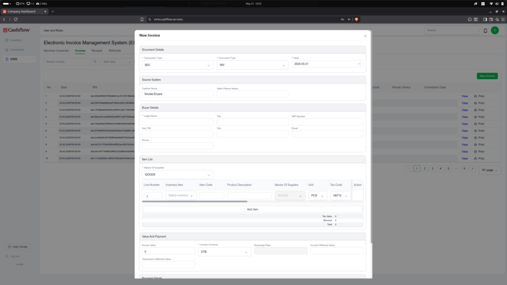 The New Invoice form showing Document Details, Source System, Buyer Details, Item List and Value & Payment