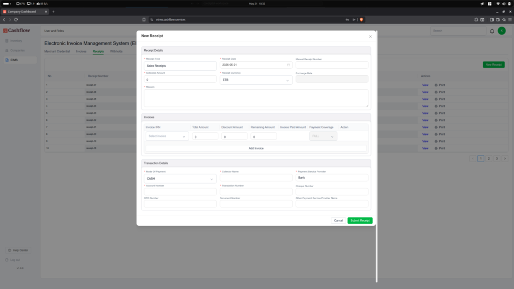 The New Receipt form showing Receipt Details, Invoices and Transaction Details